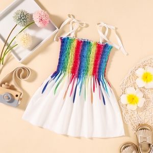 🔥NWT Adorable Baby Girl Multicolor Rainbow Smocked Tie-Shoulder Dress